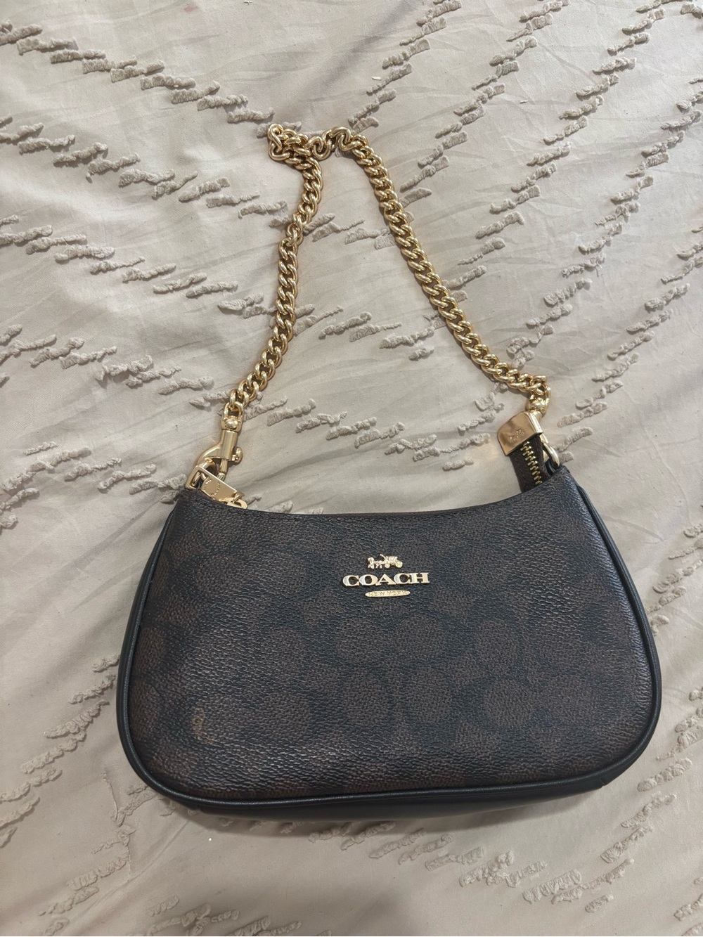 Coach Dark Brown Signature Chain Shoulder Bag with Gold Hardware